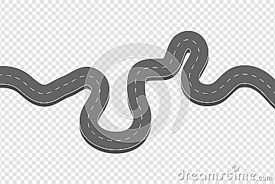 Winding curved asphalt road. Highway with markings in top view at transparent background. Road direction, map way location Vector Illustration